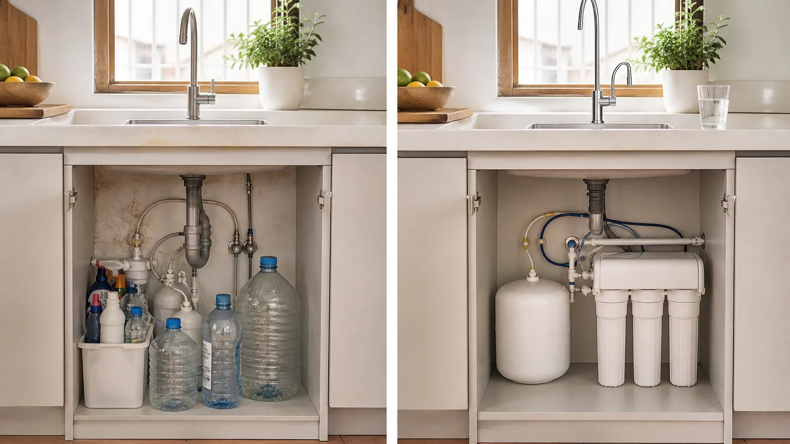 Mueble de cocina con garrafas antes y con sistema de tratamiento después de la instalación